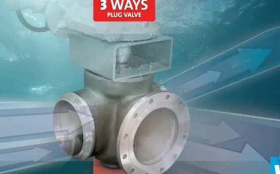 Válvula de tapón de 3 vías con actuador, control de fluidos industrial.