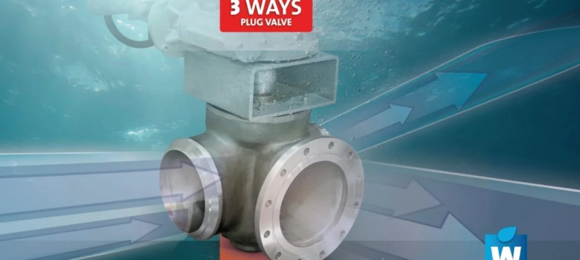 Válvula de tapón de 3 vías con actuador, control de fluidos industrial.